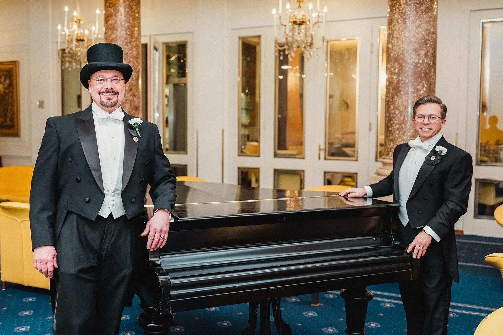 two elegant men in tuxedos photoshoot in Vienna