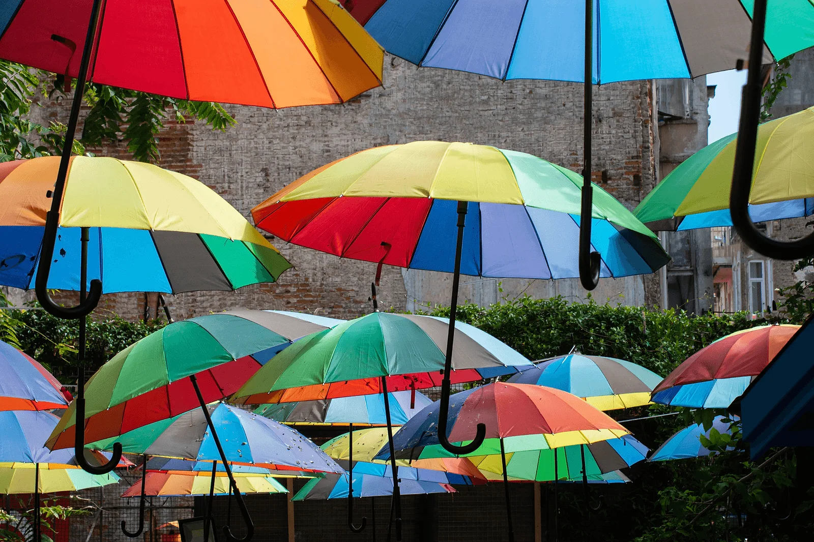 Umbrella Street Kaleiçi at midday — colourful Antalya photo location