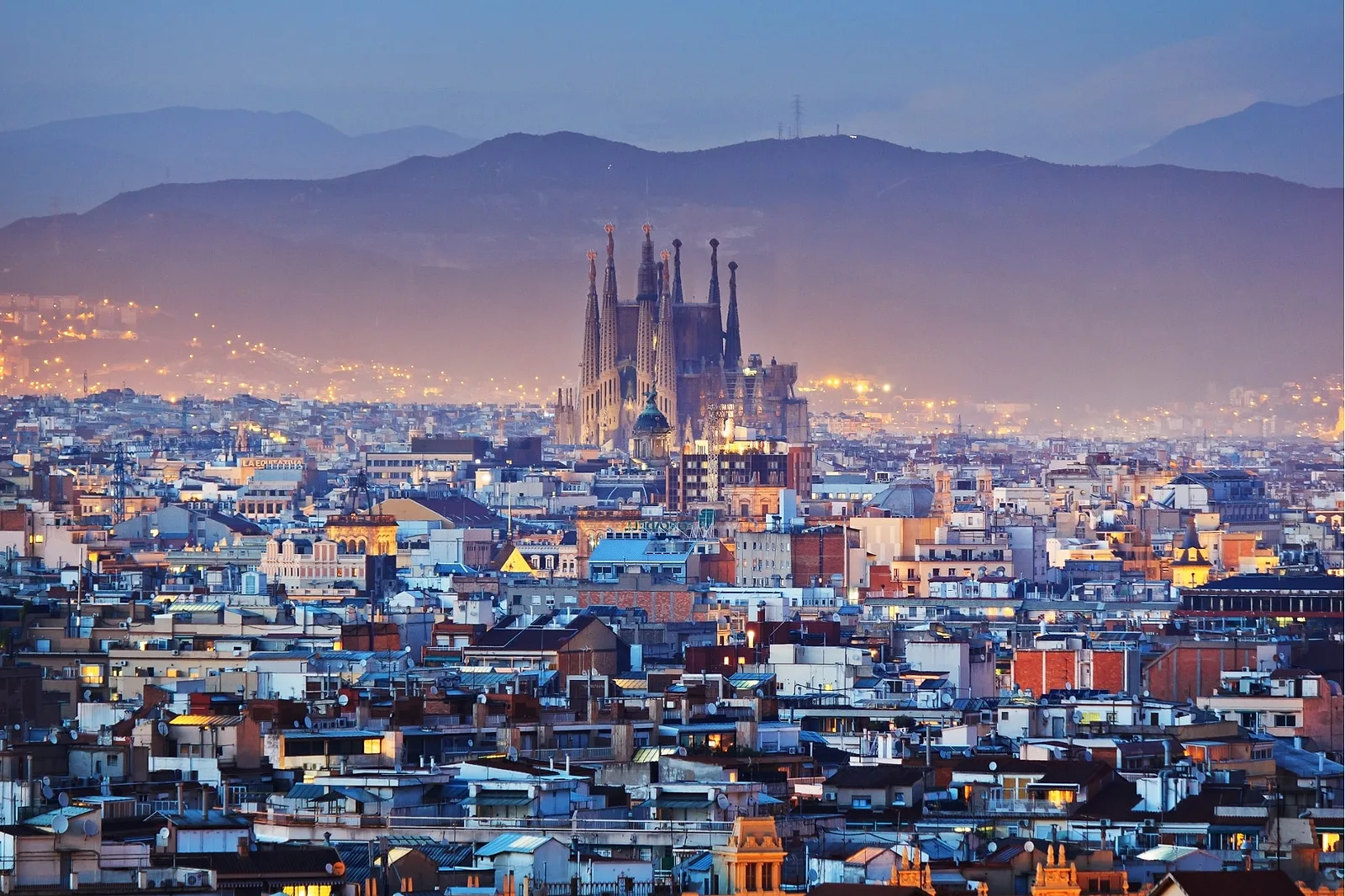 Barcelony skyline with Sagrada Família in blue light