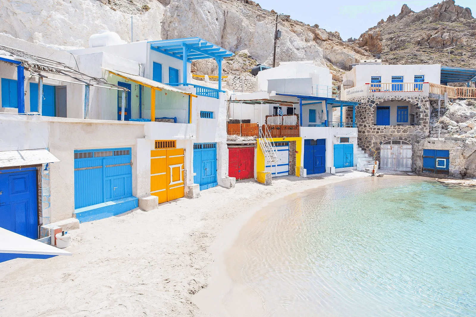 colorful houses of Firopotamos village, Milos island, Greece