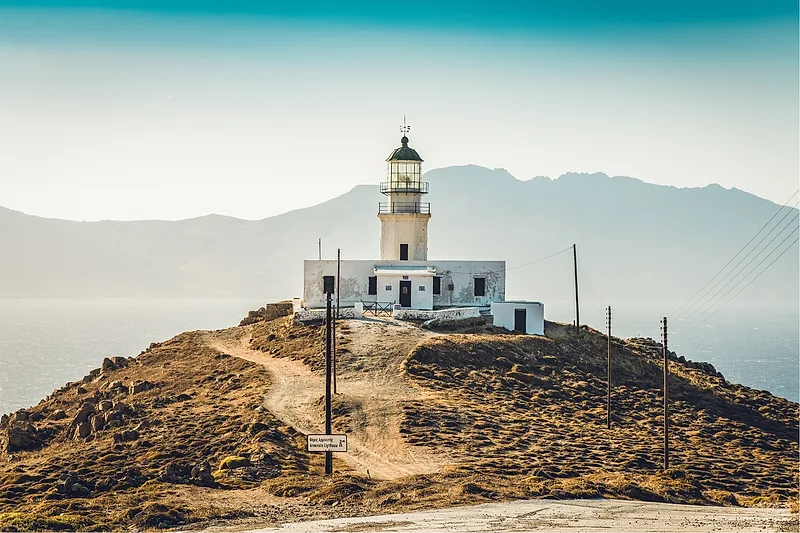 Armentisis lighthouse in Mykonos during hot summer day