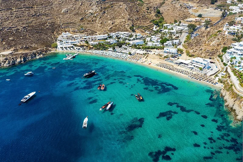Birds eye view of Psarou Beach in Mykonos