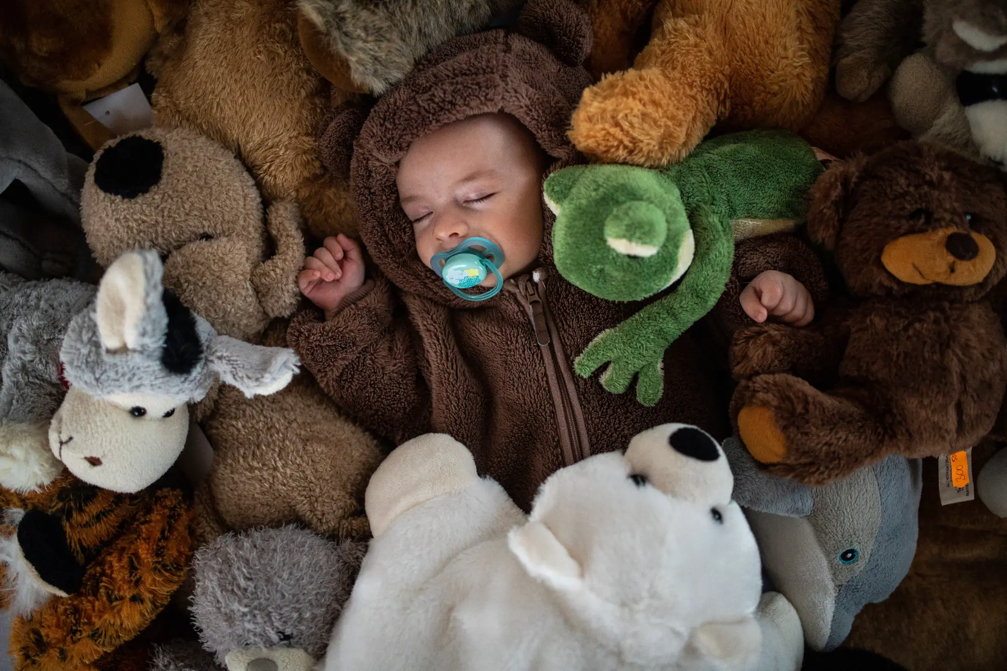 baby with stuffed animals