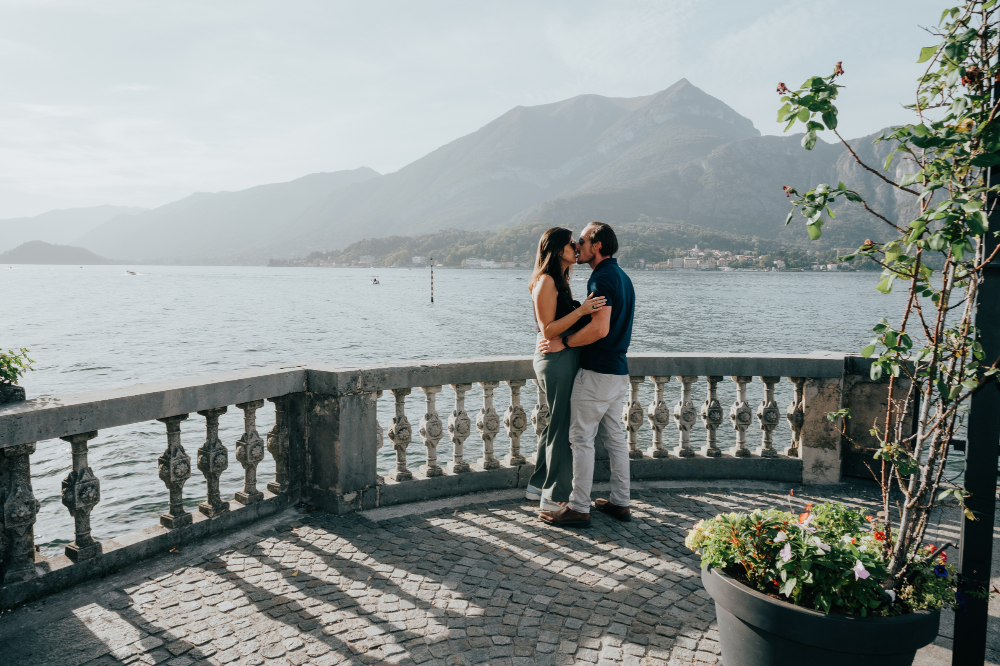 Couple arriving Lake Como surprise proposal