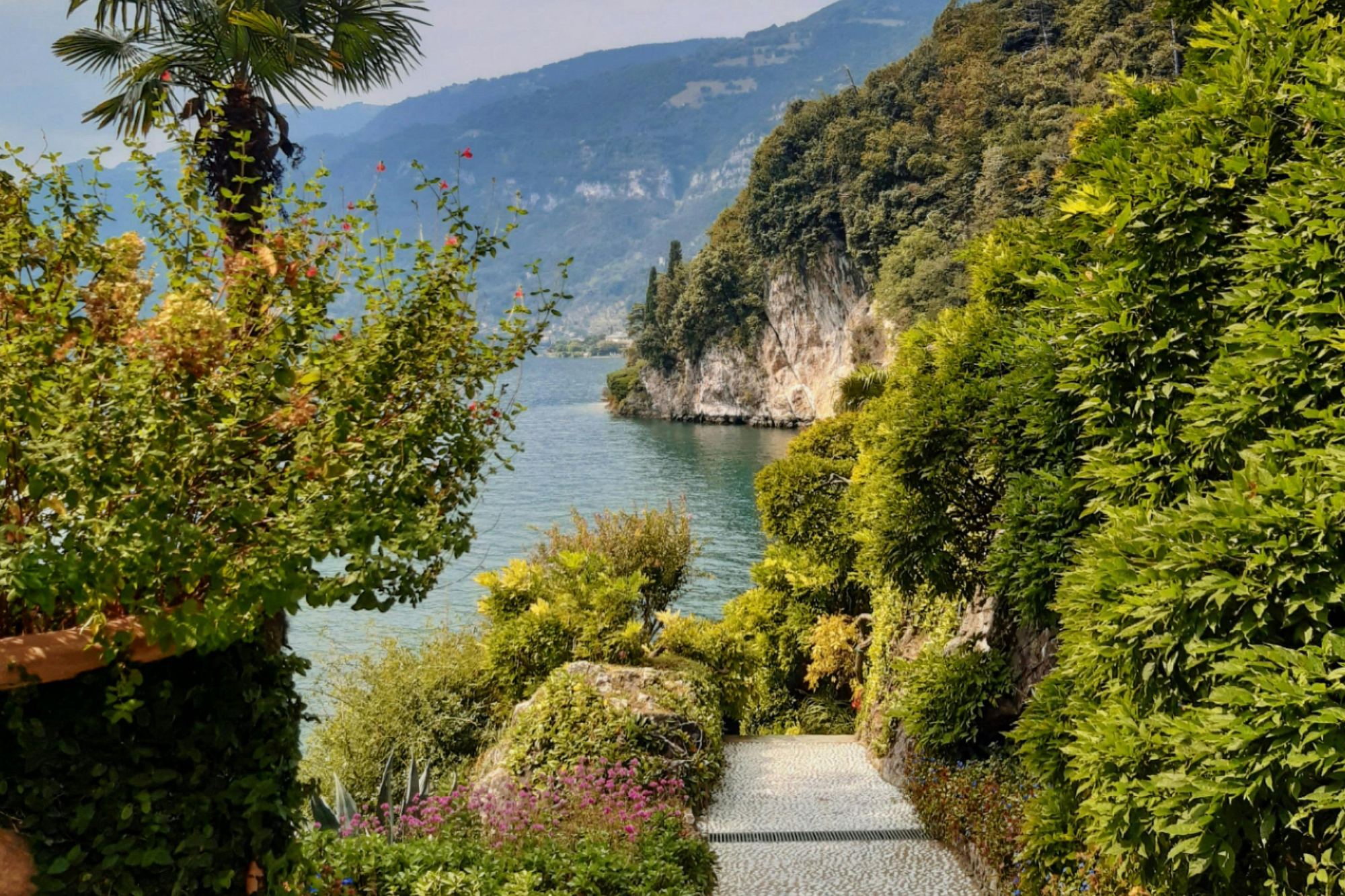 Tremezzina Greenway Stone path along the Tremezzina Greenway between Mezzegra and Lenno, with Bellagio across the water on Lake Como