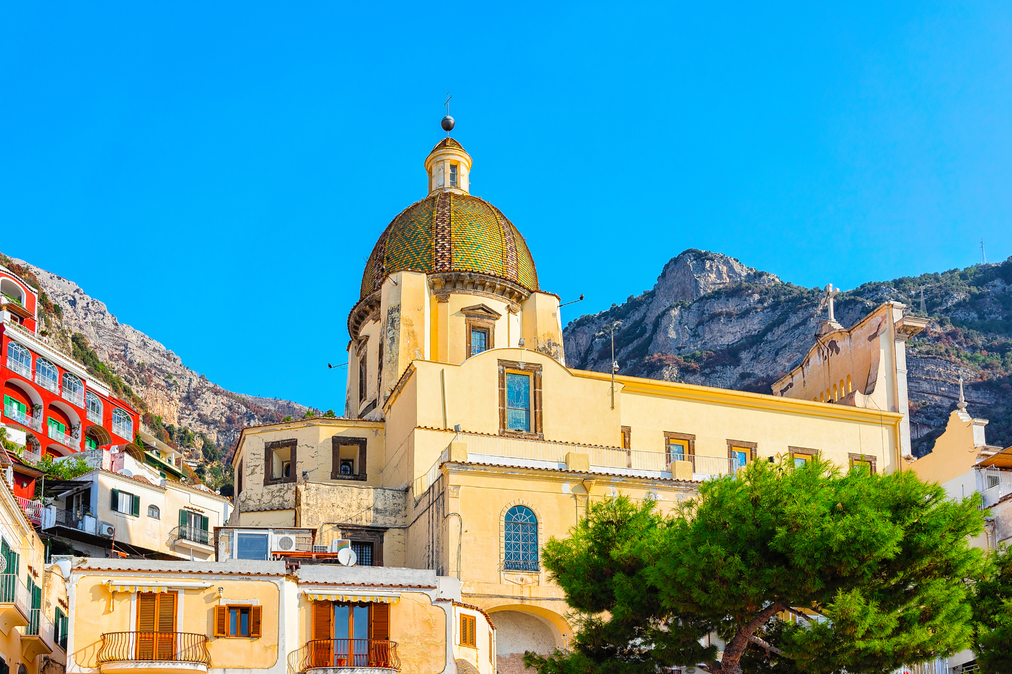 Dome of Santa Maria Assunta Church in Positano Village, Italy