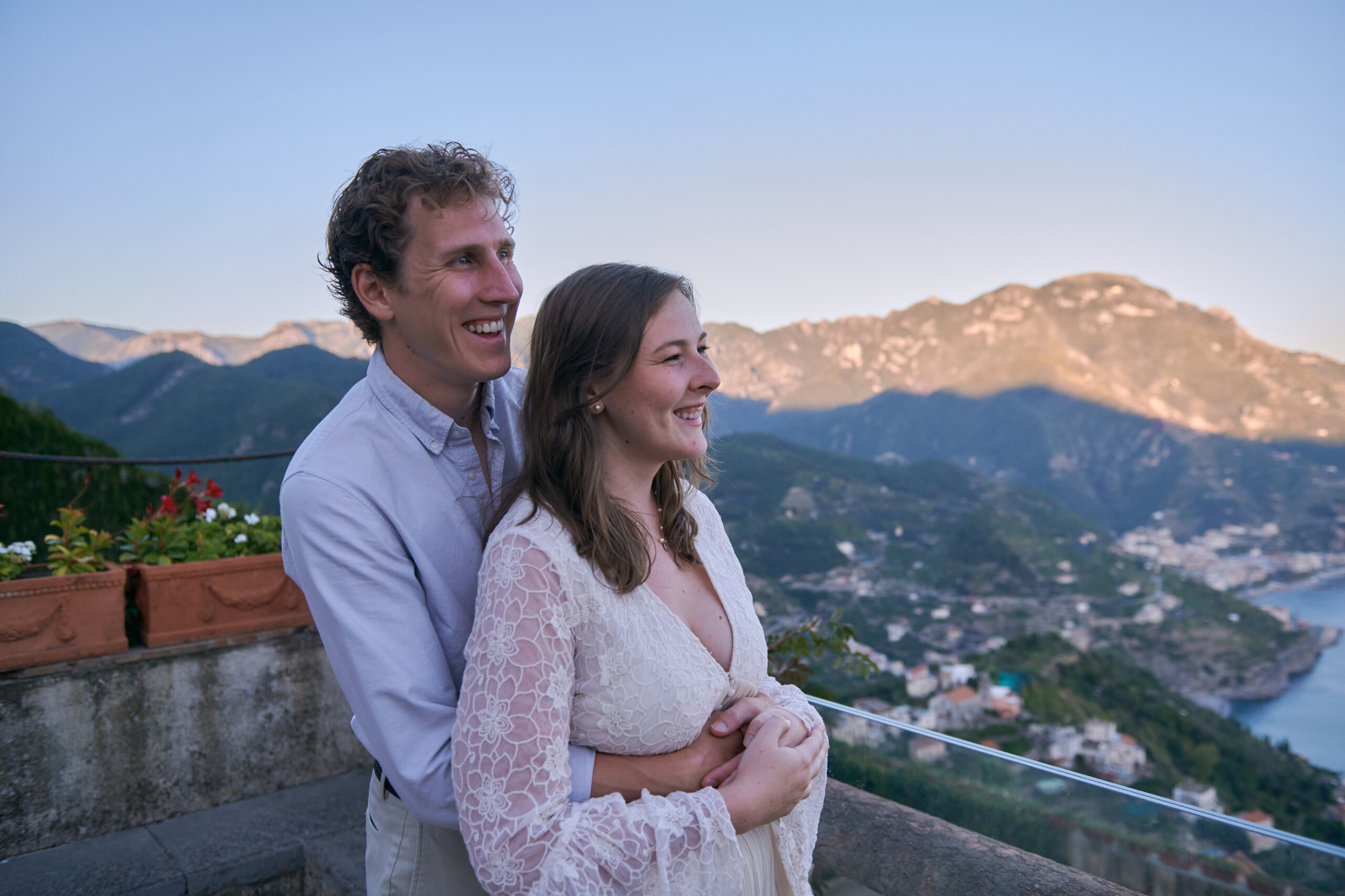 happy couple hugging and smiling at the Amalfi Coast