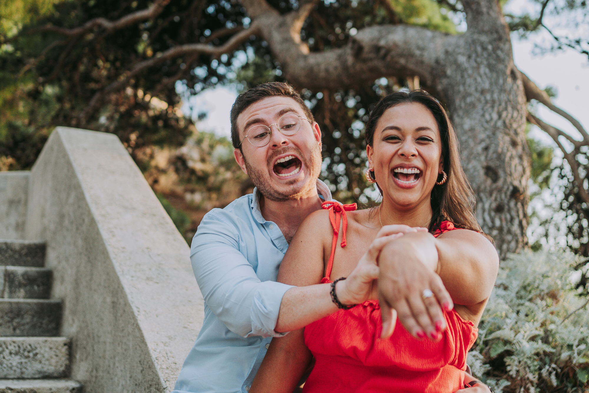 candid picture of a happy couple in dubrovnik after they got engaged