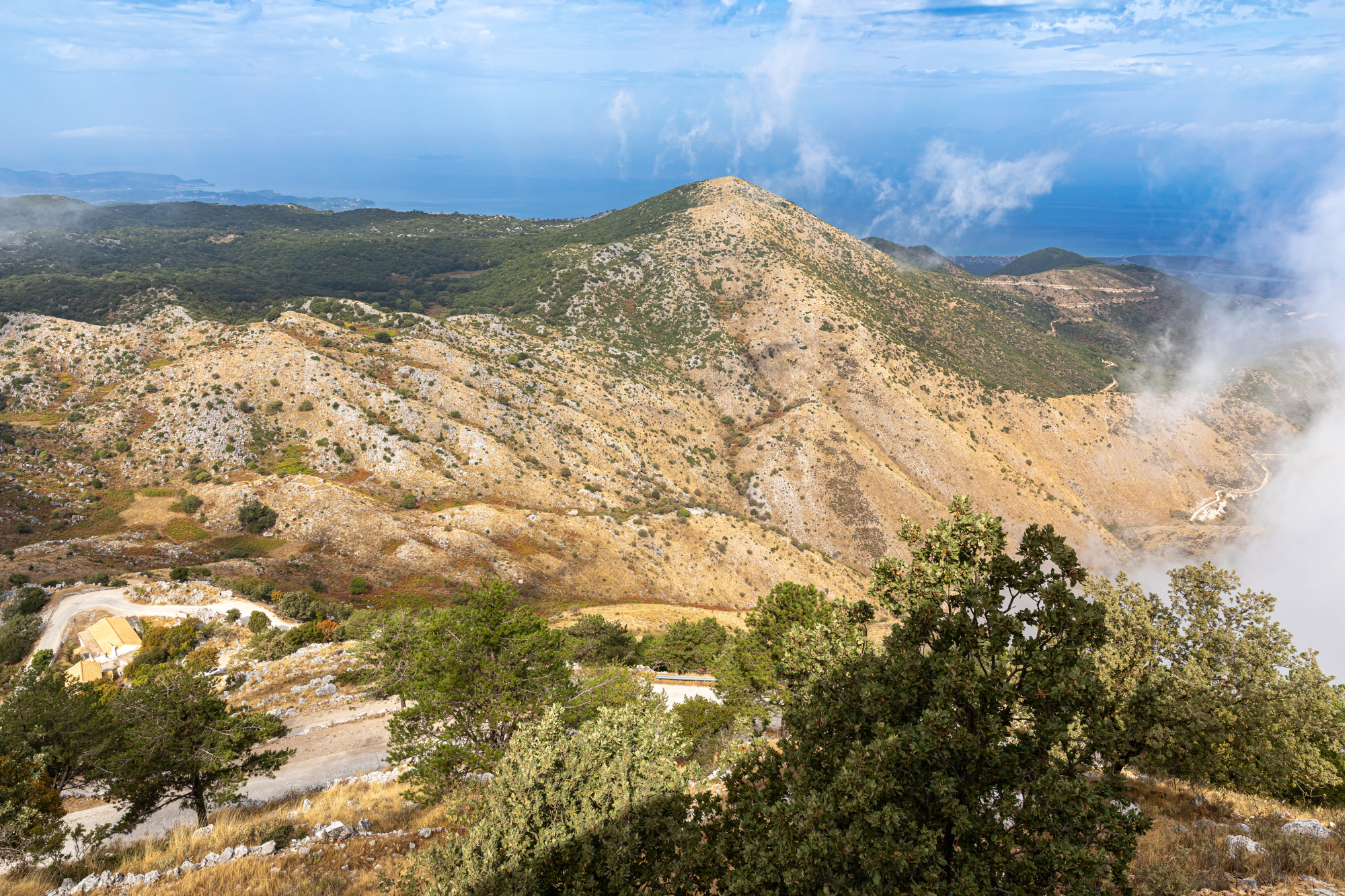 Landscape in the clouds under Mount Pantokrator on the island of Corfu