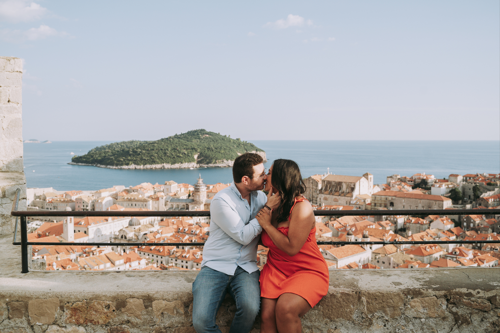 happy couple in dubrovnik posing with a view