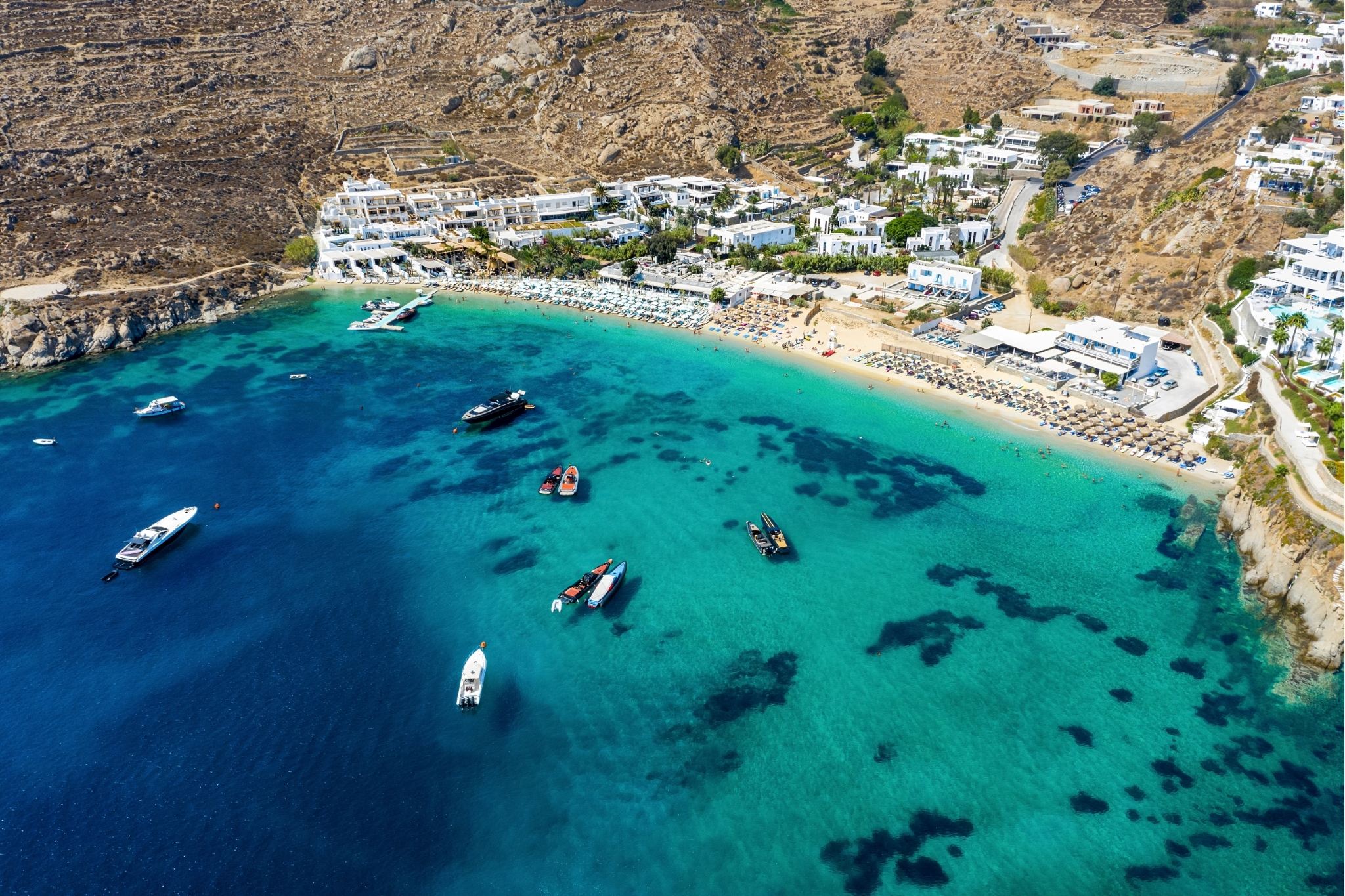 Birds eye view of Psarou Beach in Mykonos
